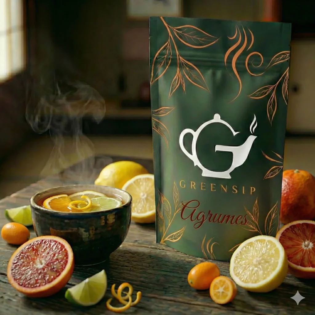 Sachet de Thé aux Agrumes GreenSip couleur terracotta avec écorces d'orange séchées et vapeur chaude