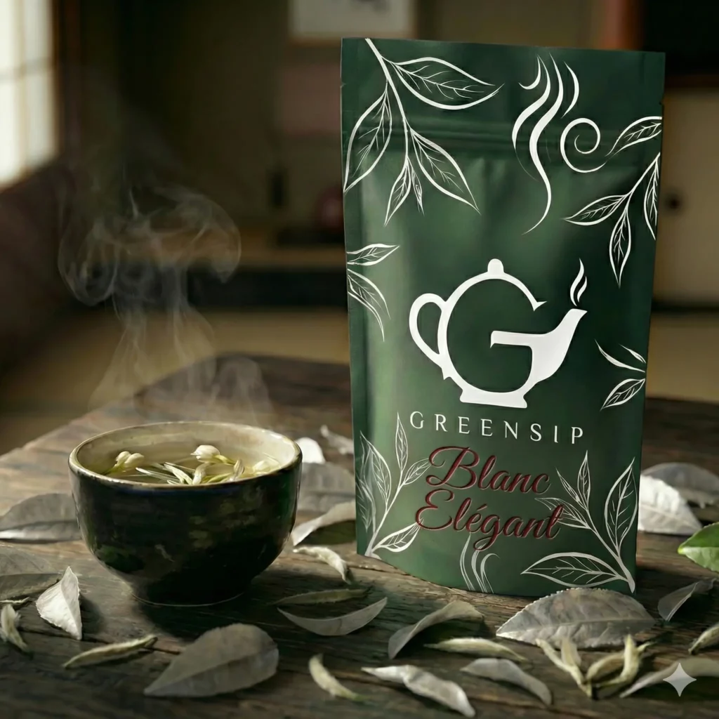 Sachet de Thé Blanc Élégant GreenSip couleur crème avec tasse infusion claire et bourgeons argentés