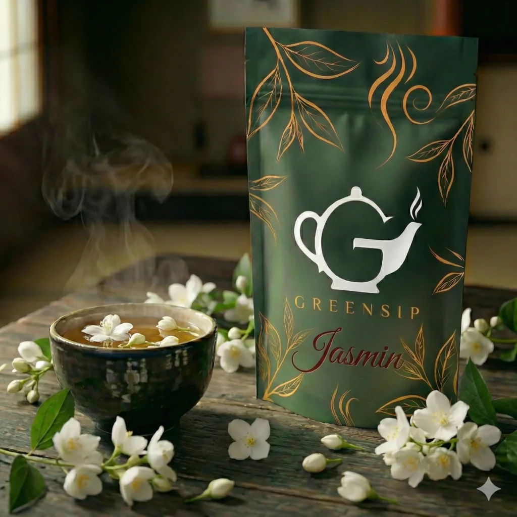 Sachet de Thé au Jasmin GreenSip couleur ocre avec petites fleurs de jasmin blanches et tasse de thé
