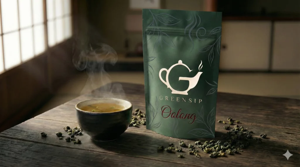 Sachet de Thé Oolong Précieux marque GreenSip sur table en bois sombre avec tasse infusion ambrée et feuilles roulées