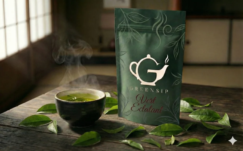Sachet de Thé Vert Éclatant marque GreenSip sur table en bois avec tasse fumante et feuilles de thé en vrac